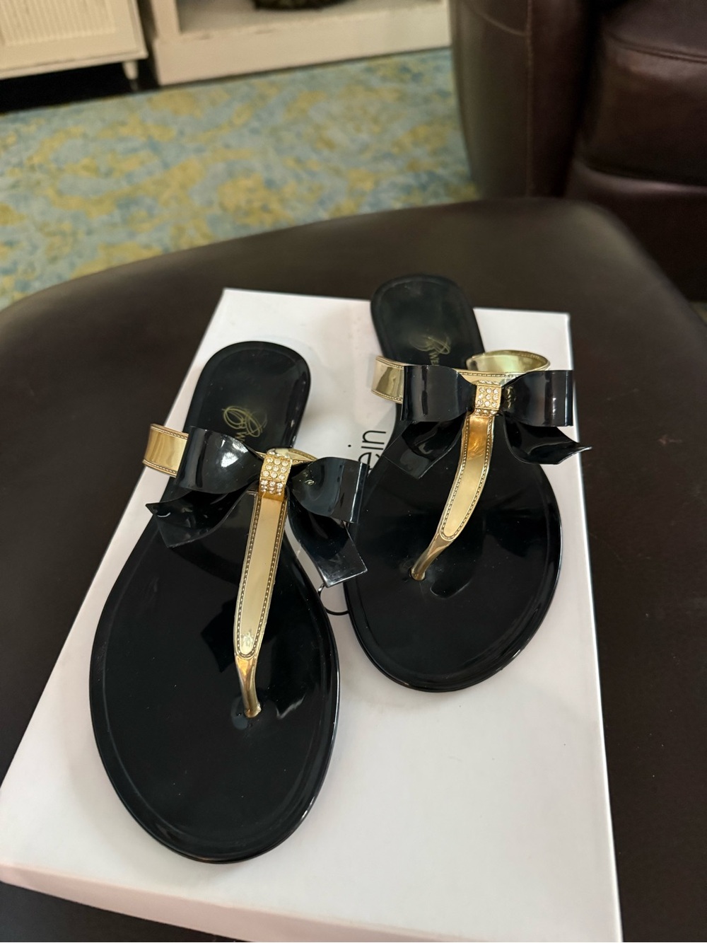 Black & Gold Bow Thong Sandals for Women